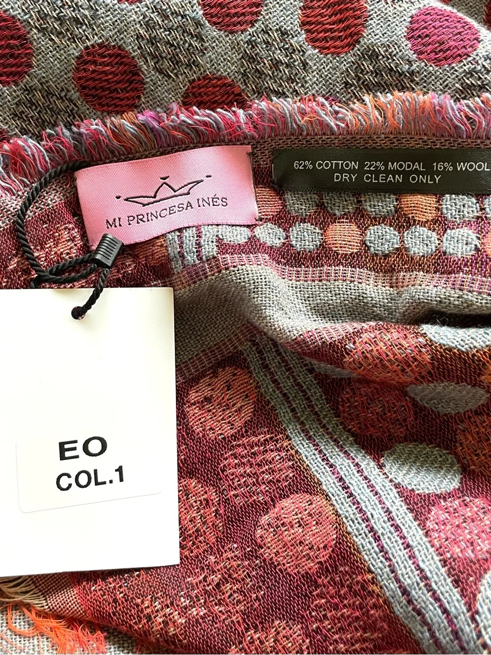 Mi Princena Ines NWT Gray Pink Polka Dot Woven Shawl Wrap Fringe Wool Scarf